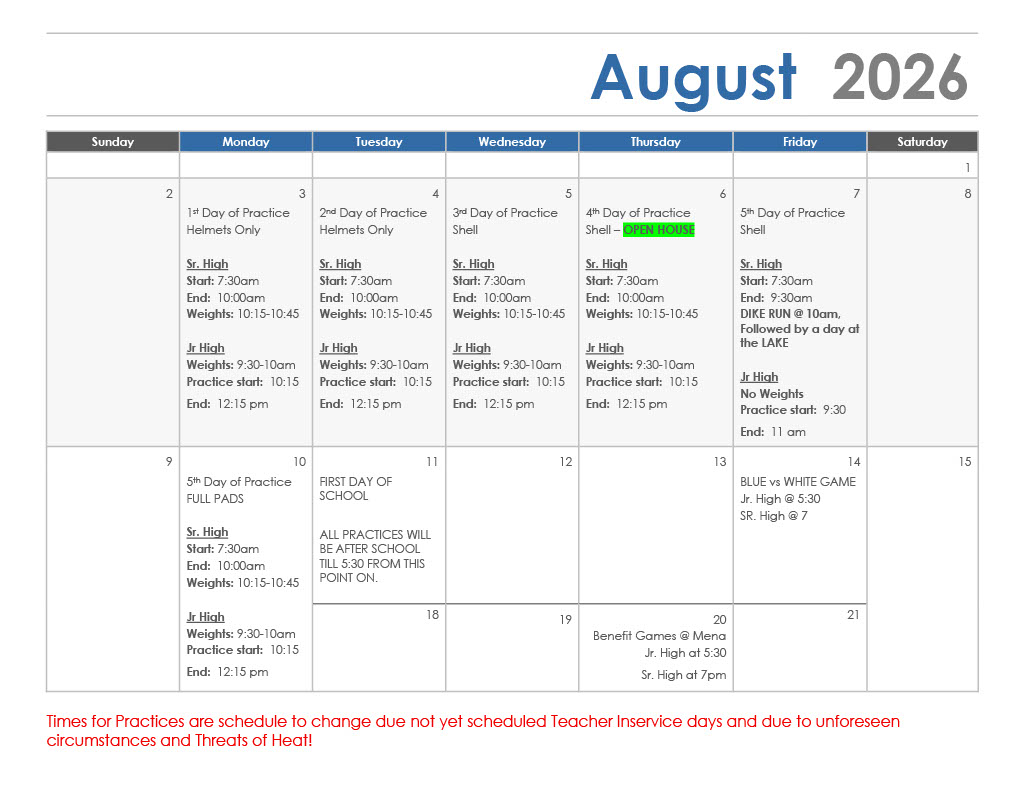 August 2026 Football Practice Schedule